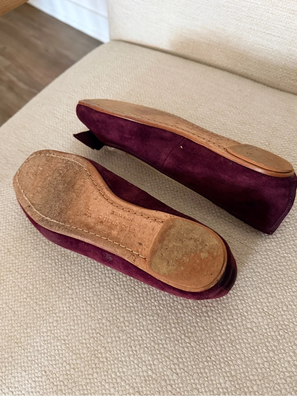 kate spade Wine Suede Ballet Flats with Grosgrain Bow and Logo Medallion
